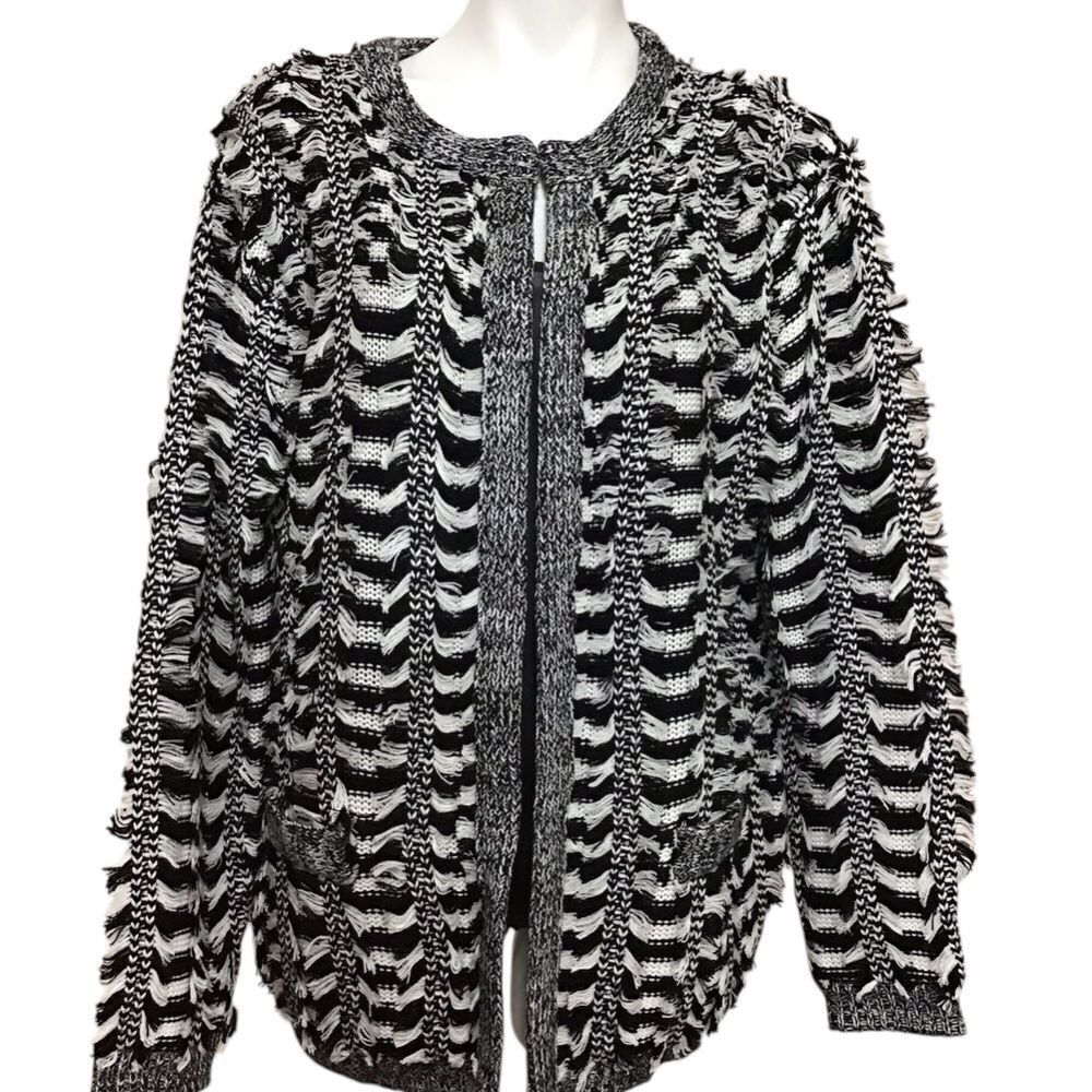 Endless Rose Black and White Fringe Open Cardigan Sweater New Size Medium/Large